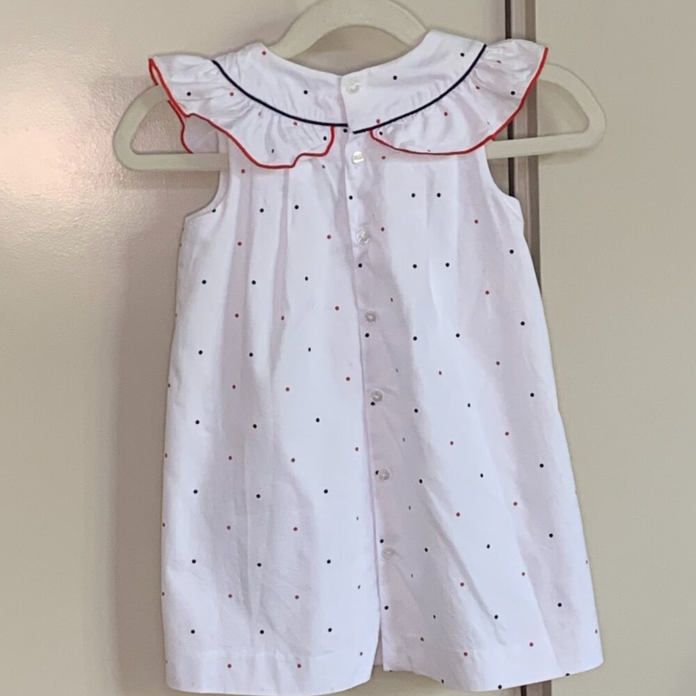 Jacadi Paris White Polka Dot Dress 2T Red Navy Trim Ruffle Collar Classic Summer - Picture 2 of 3